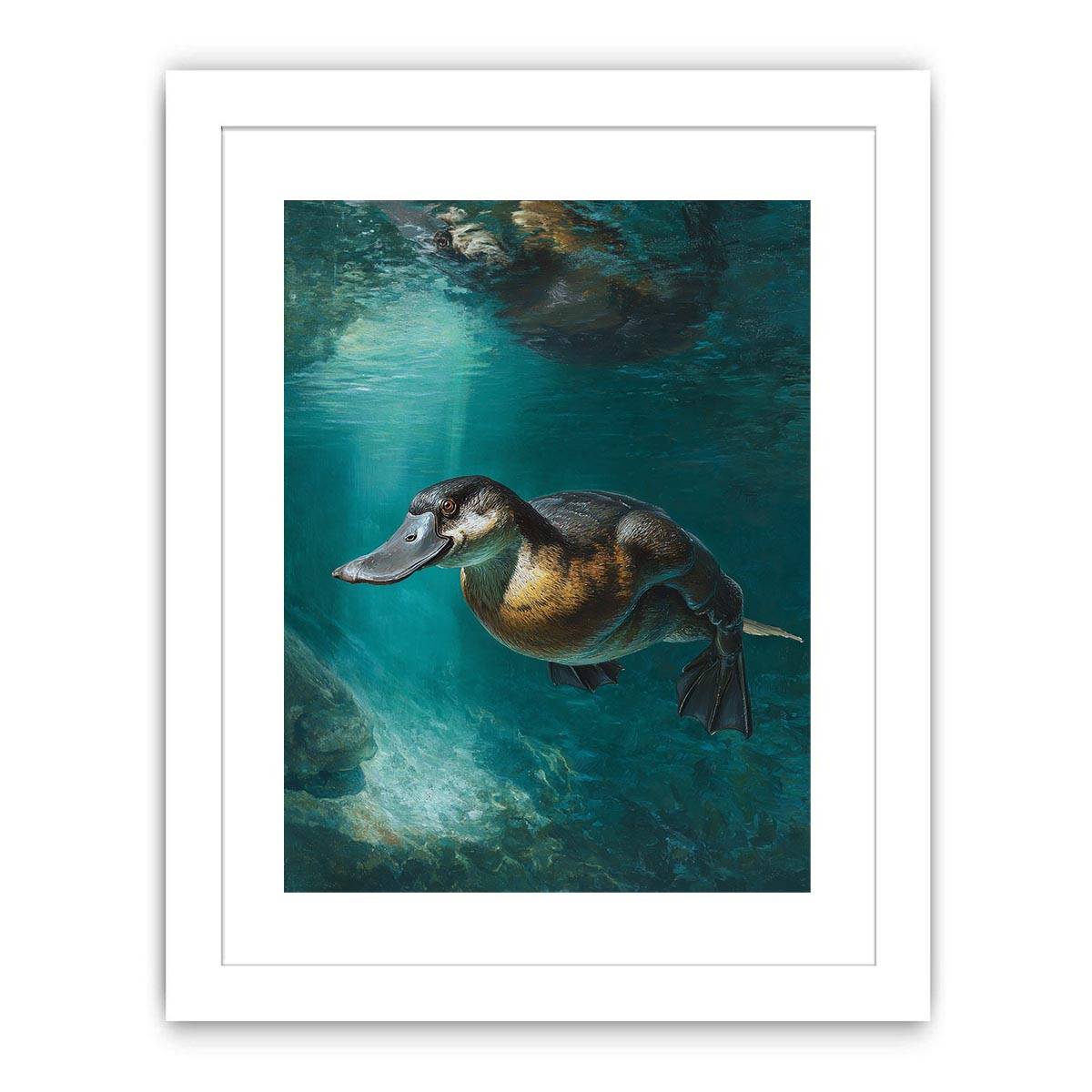 Platypus underwater canvas art in soft green tones for calm bedroom or bathroom decor.
