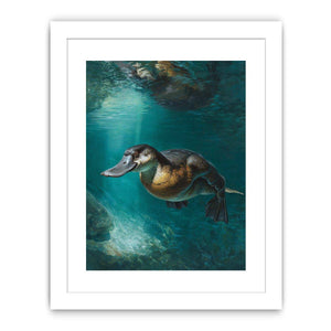 Platypus underwater canvas art in soft green tones for calm bedroom or bathroom decor.
