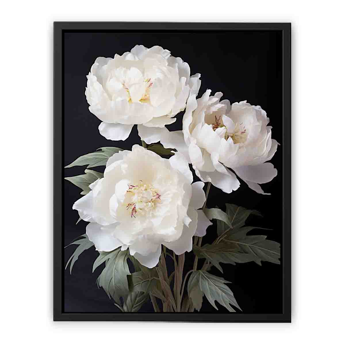 White peony floral canvas art on black background for elegant bedroom decor.