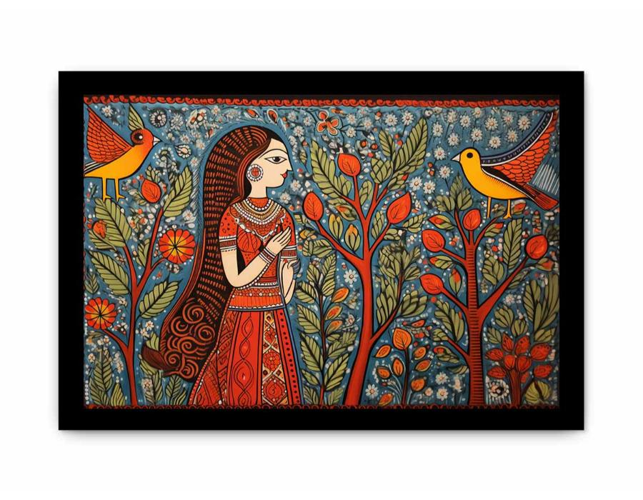 Madhubani folk art canvas with woman birds and trees for colorful living room decor.