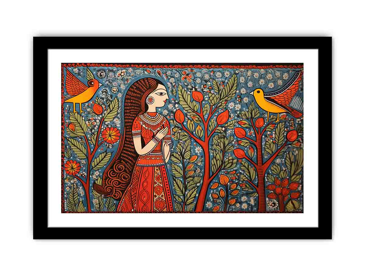 Madhubani folk art canvas with woman birds and trees for colorful living room decor.