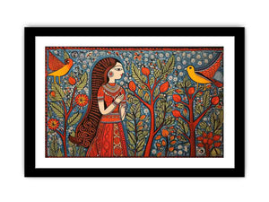Madhubani folk art canvas with woman birds and trees for colorful living room decor.