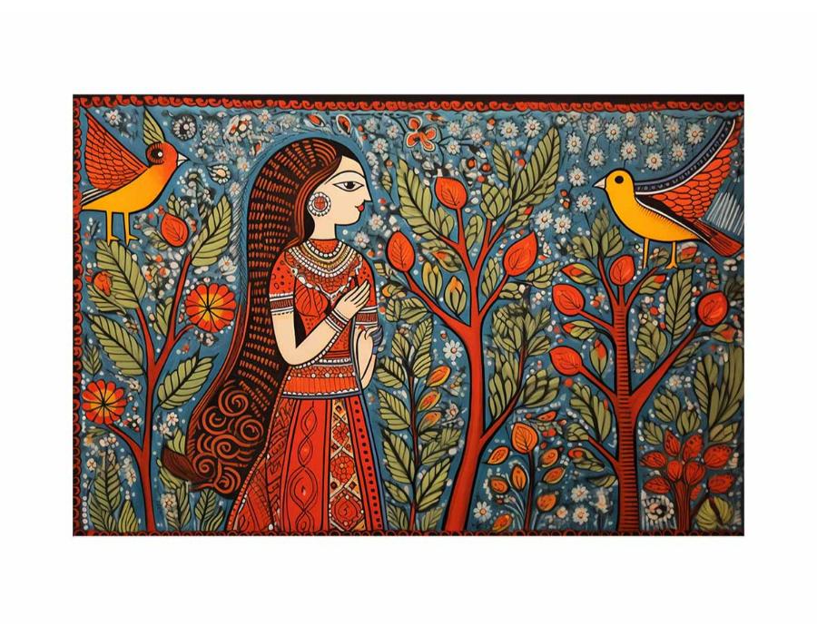 Madhubani folk art canvas with woman birds and trees for colorful living room decor.