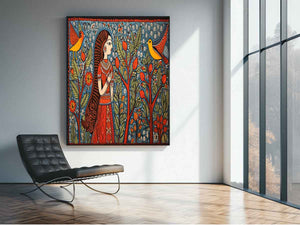 Madhubani folk art canvas with woman birds and trees for colorful living room decor.