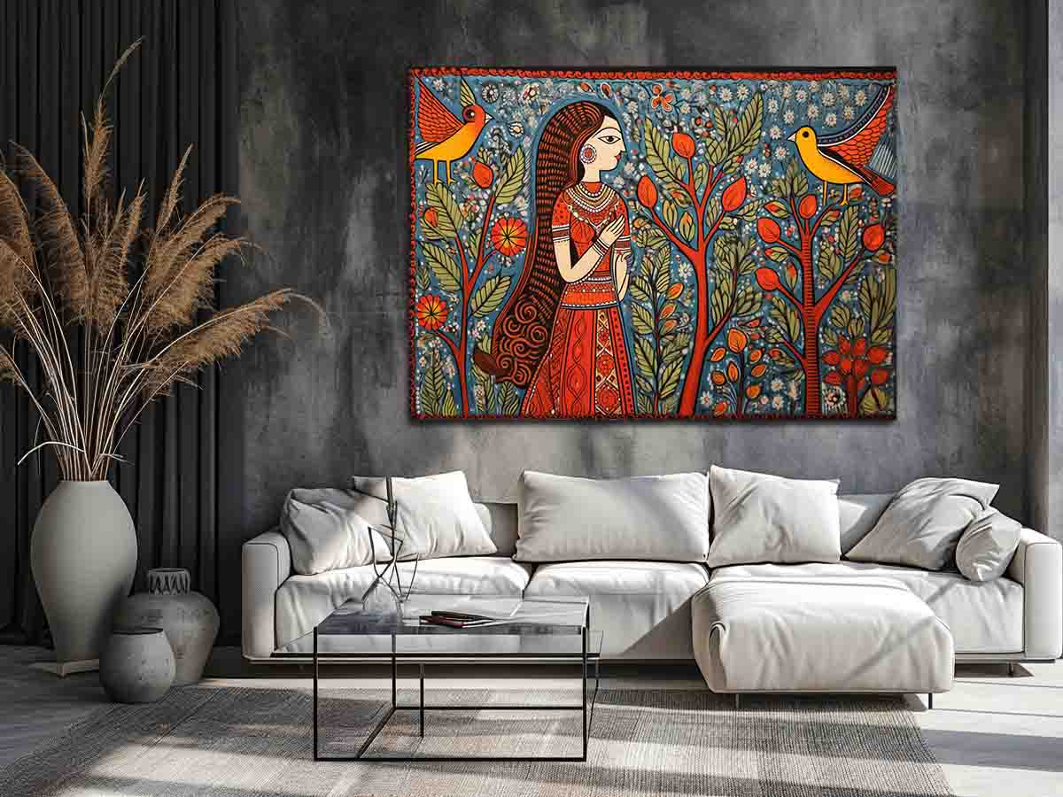 Madhubani folk art canvas with woman birds and trees for colorful living room decor.