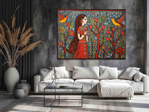 Madhubani folk art canvas with woman birds and trees for colorful living room decor.