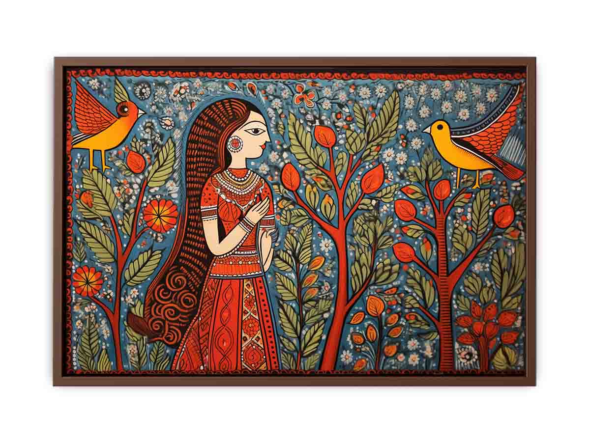 Madhubani folk art canvas with woman birds and trees for colorful living room decor.
