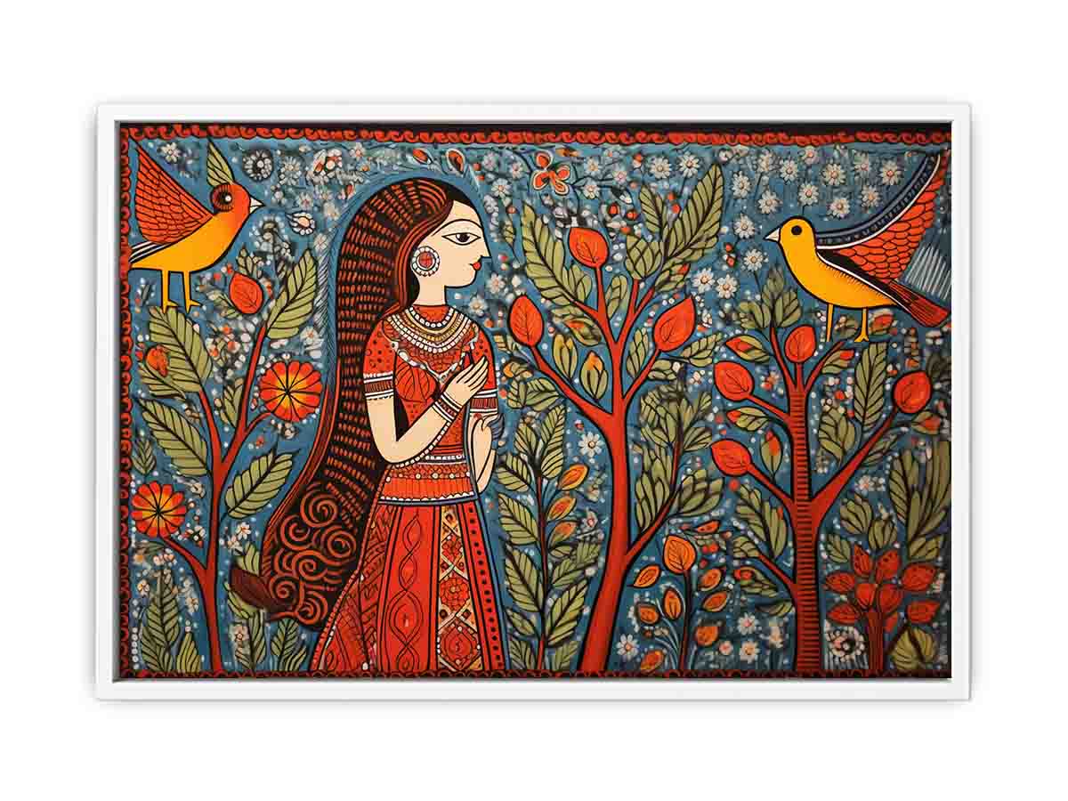 Madhubani folk art canvas with woman birds and trees for colorful living room decor.