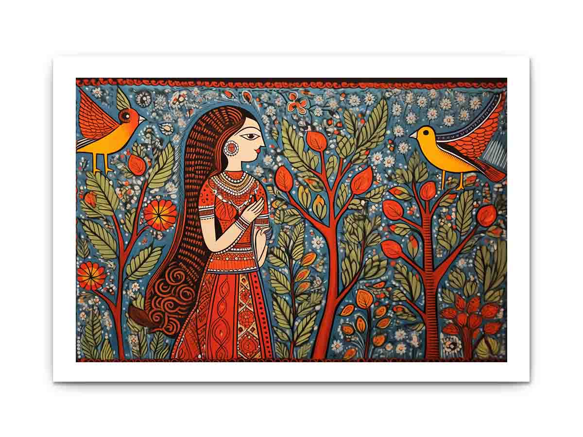 Madhubani folk art canvas with woman birds and trees for colorful living room decor.