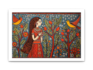 Madhubani folk art canvas with woman birds and trees for colorful living room decor.