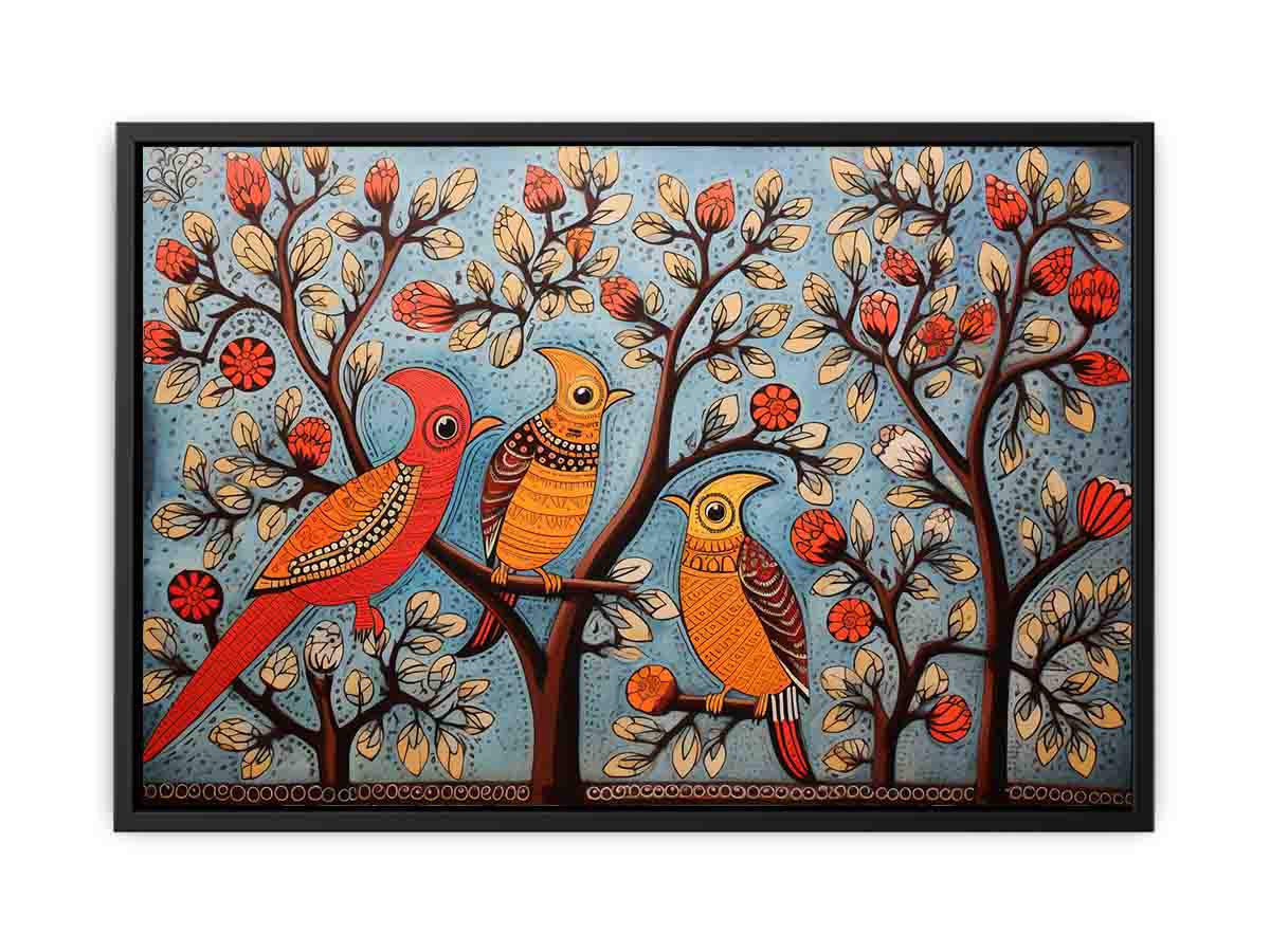 Colorful folk bird canvas art with trees and flowers for eclectic home decor.
