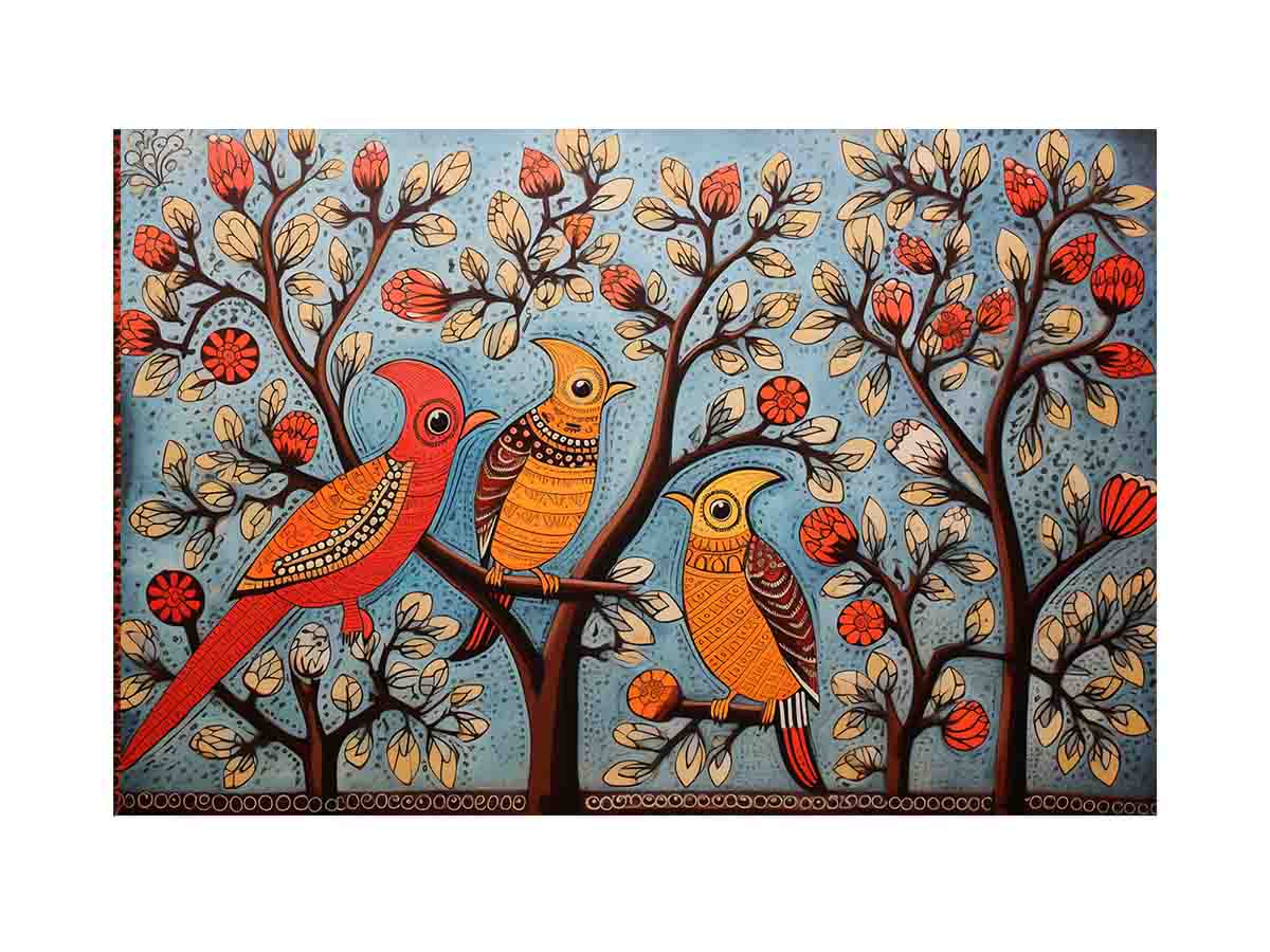 Colorful folk bird canvas art with trees and flowers for eclectic home decor.