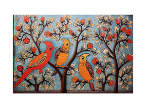 Colorful folk bird canvas art with trees and flowers for eclectic home decor.