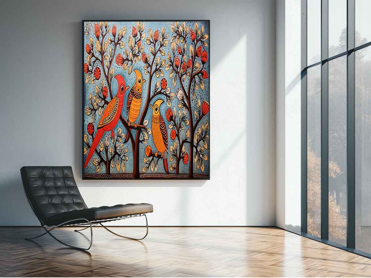 Colorful folk bird canvas art with trees and flowers for eclectic home decor.