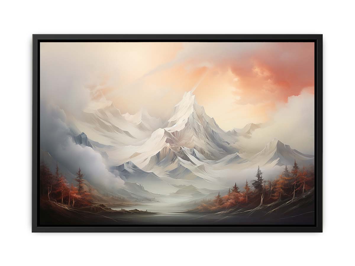 Soft snowy mountain canvas art for serene neutral living room decor.