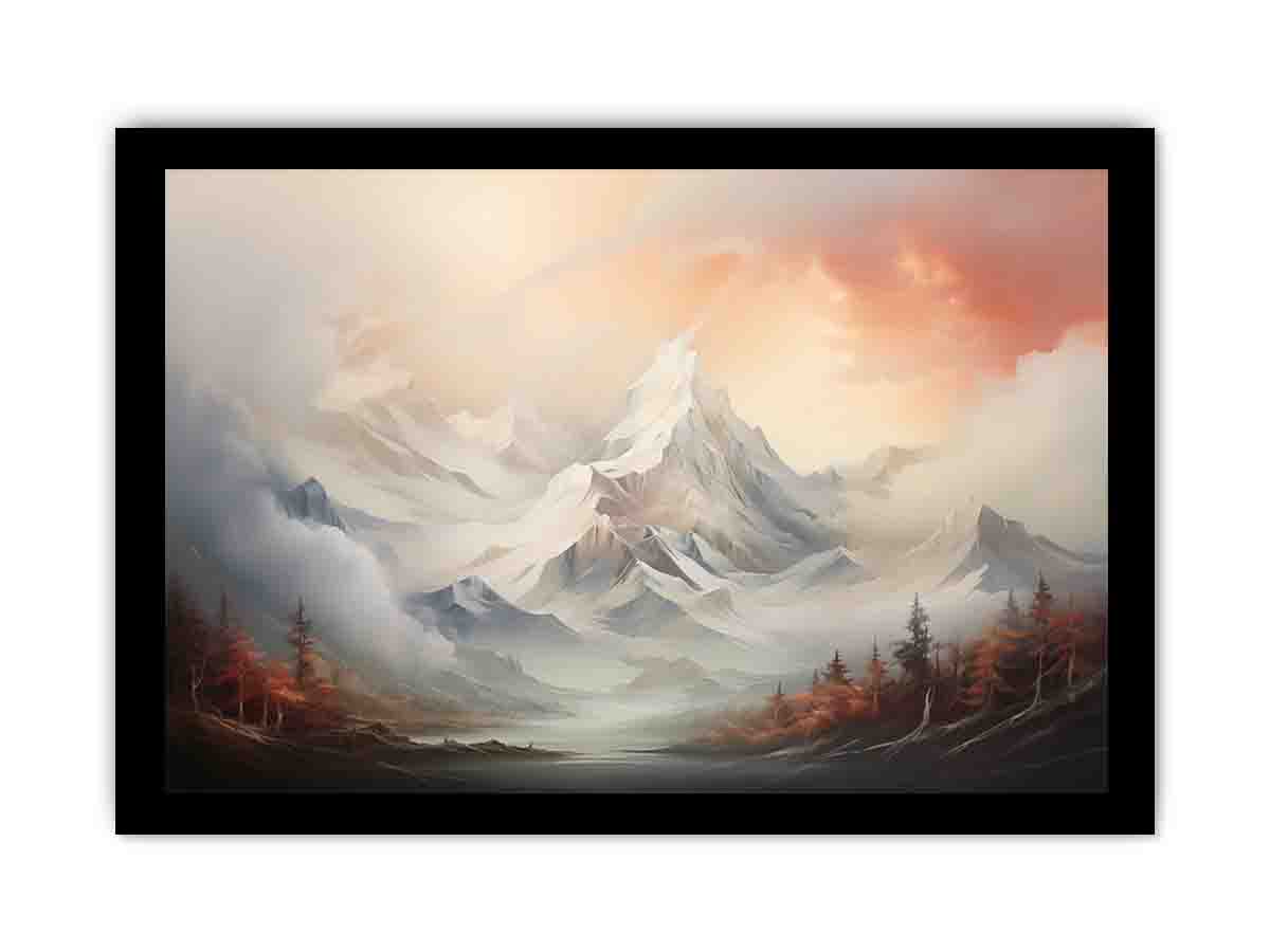 Soft snowy mountain canvas art for serene neutral living room decor.