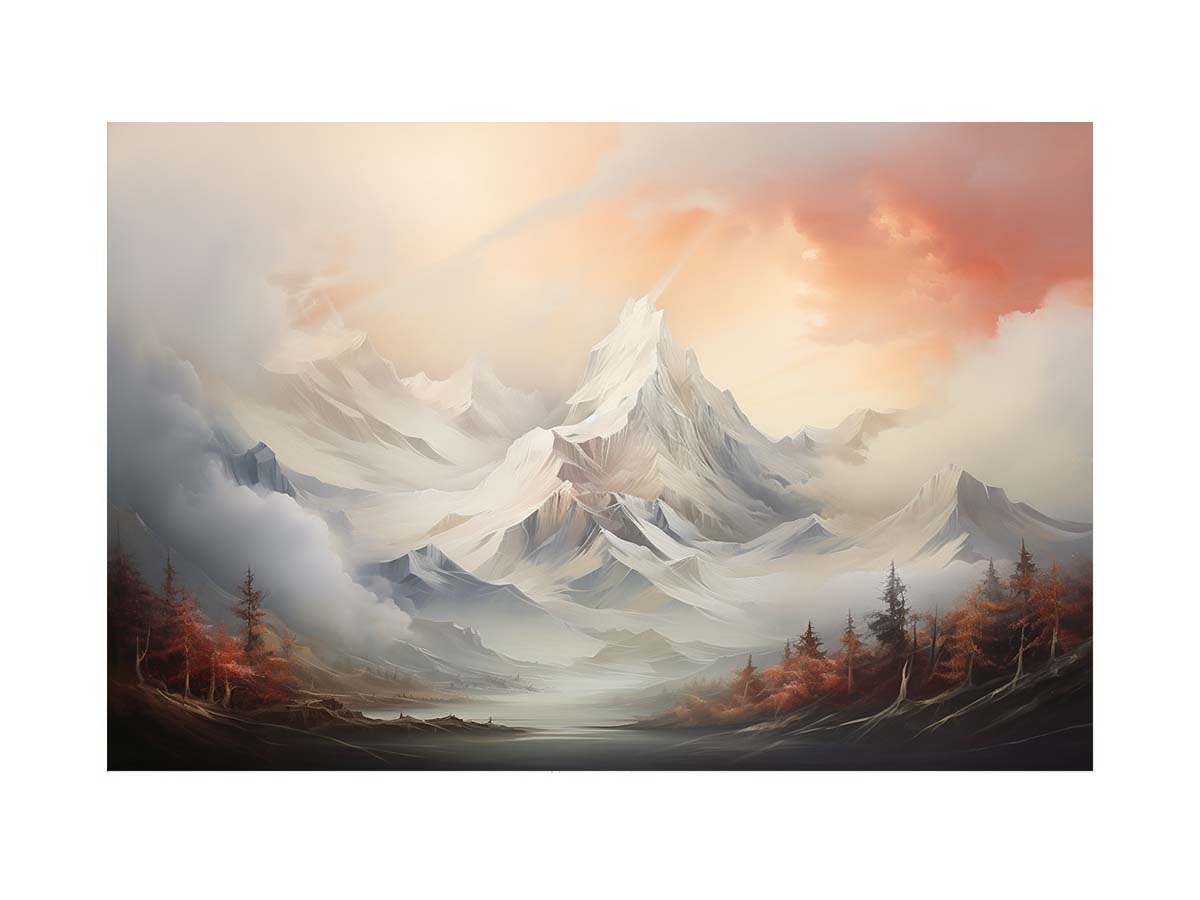 Soft snowy mountain canvas art for serene neutral living room decor.