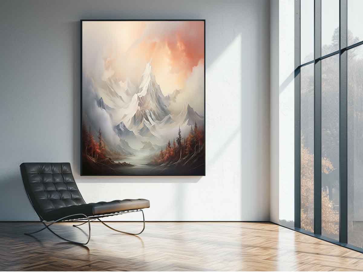 Soft snowy mountain canvas art for serene neutral living room decor.