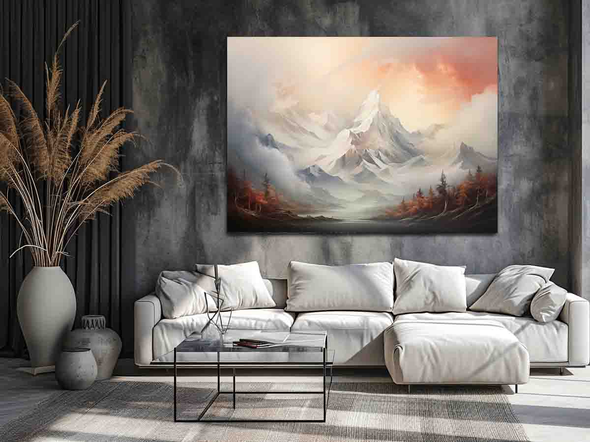 Soft snowy mountain canvas art for serene neutral living room decor.