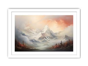 Soft snowy mountain canvas art for serene neutral living room decor.