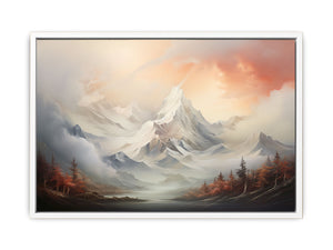 Soft snowy mountain canvas art for serene neutral living room decor.