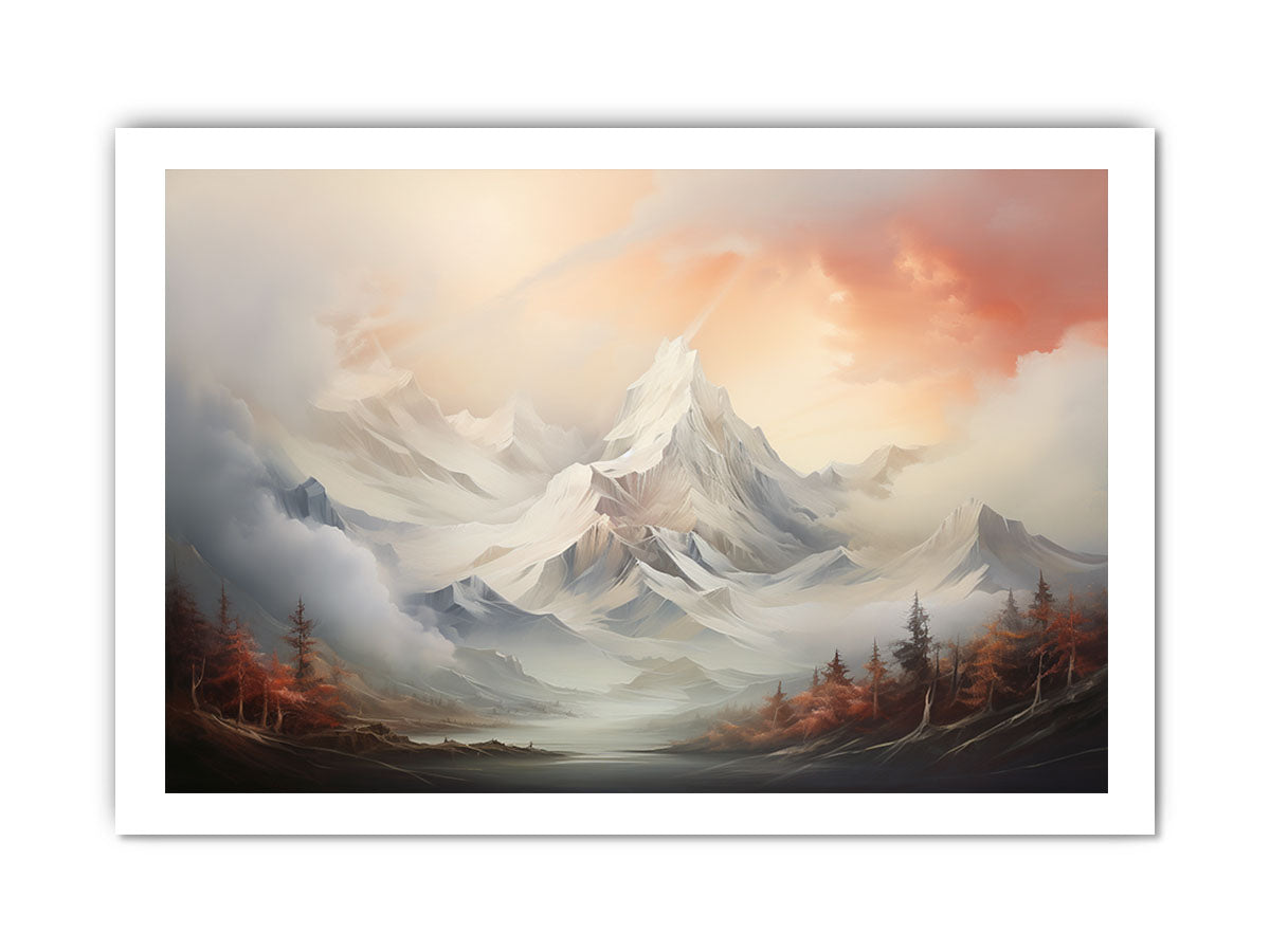 Soft snowy mountain canvas art for serene neutral living room decor.