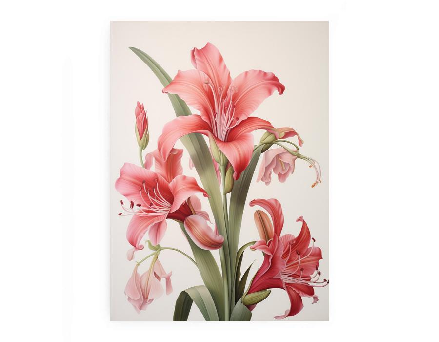 Coral pink lily botanical canvas art for elegant bedroom and living room decor.