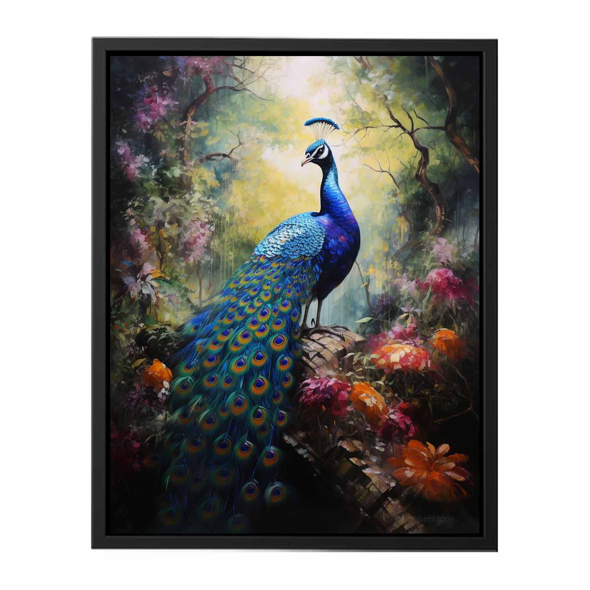 Moody peacock canvas art in a lush forest garden for luxury living room decor.