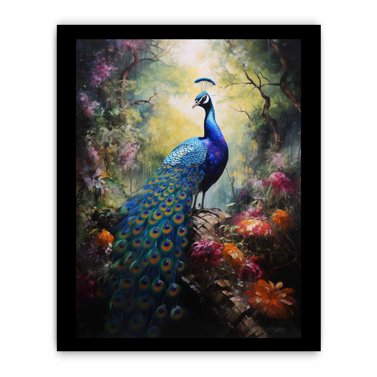 Moody peacock canvas art in a lush forest garden for luxury living room decor.