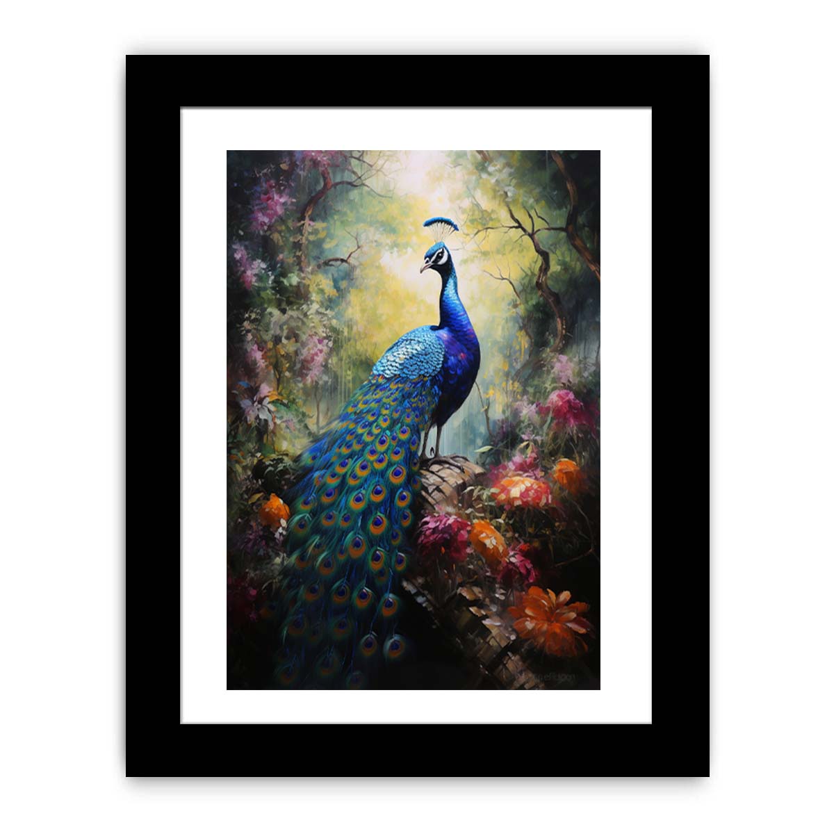 Moody peacock canvas art in a lush forest garden for luxury living room decor.