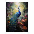 Moody peacock canvas art in a lush forest garden for luxury living room decor.