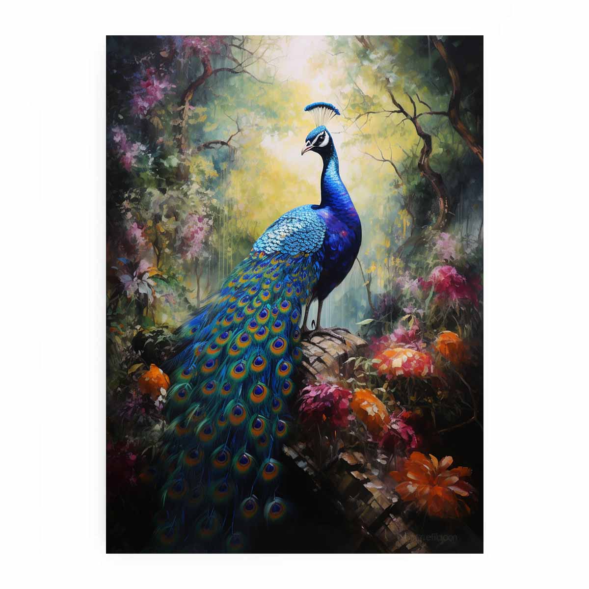 Moody peacock canvas art in a lush forest garden for luxury living room decor.
