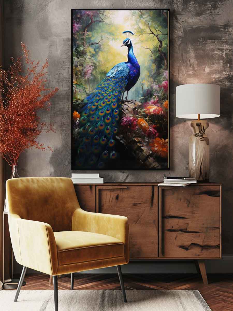 Moody peacock canvas art in a lush forest garden for luxury living room decor.