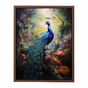 Moody peacock canvas art in a lush forest garden for luxury living room decor.