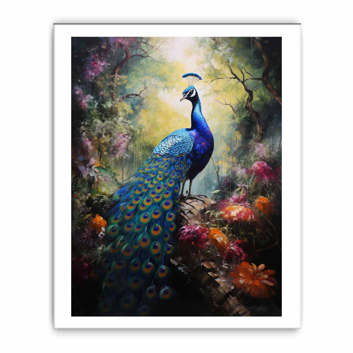 Moody peacock canvas art in a lush forest garden for luxury living room decor.