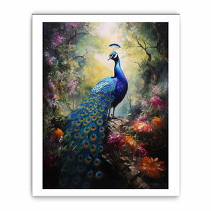 Moody peacock canvas art in a lush forest garden for luxury living room decor.