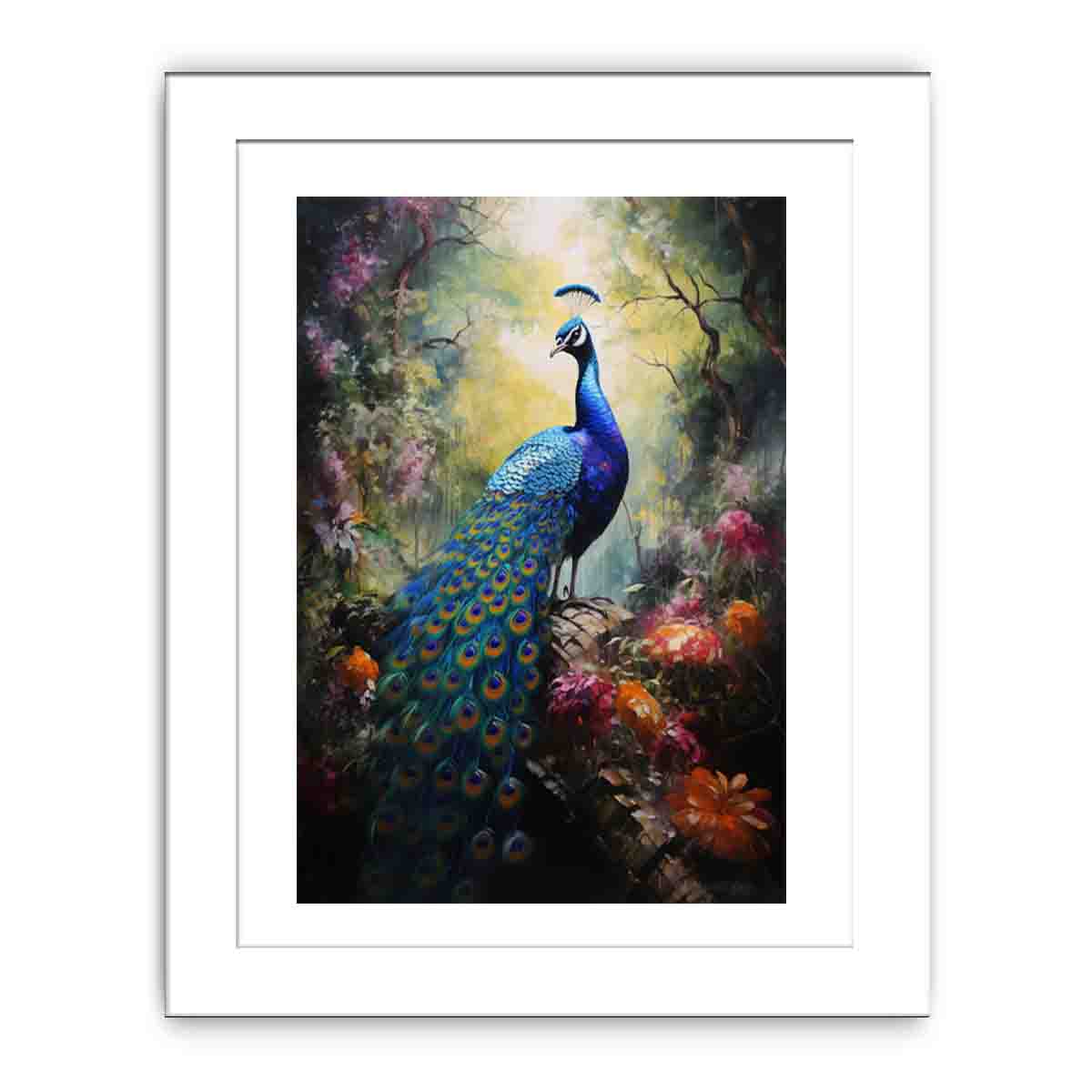 Moody peacock canvas art in a lush forest garden for luxury living room decor.