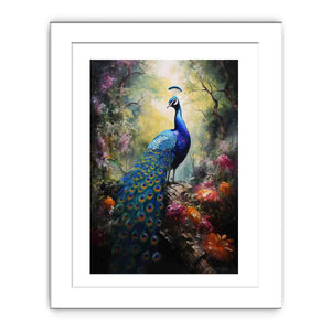 Moody peacock canvas art in a lush forest garden for luxury living room decor.