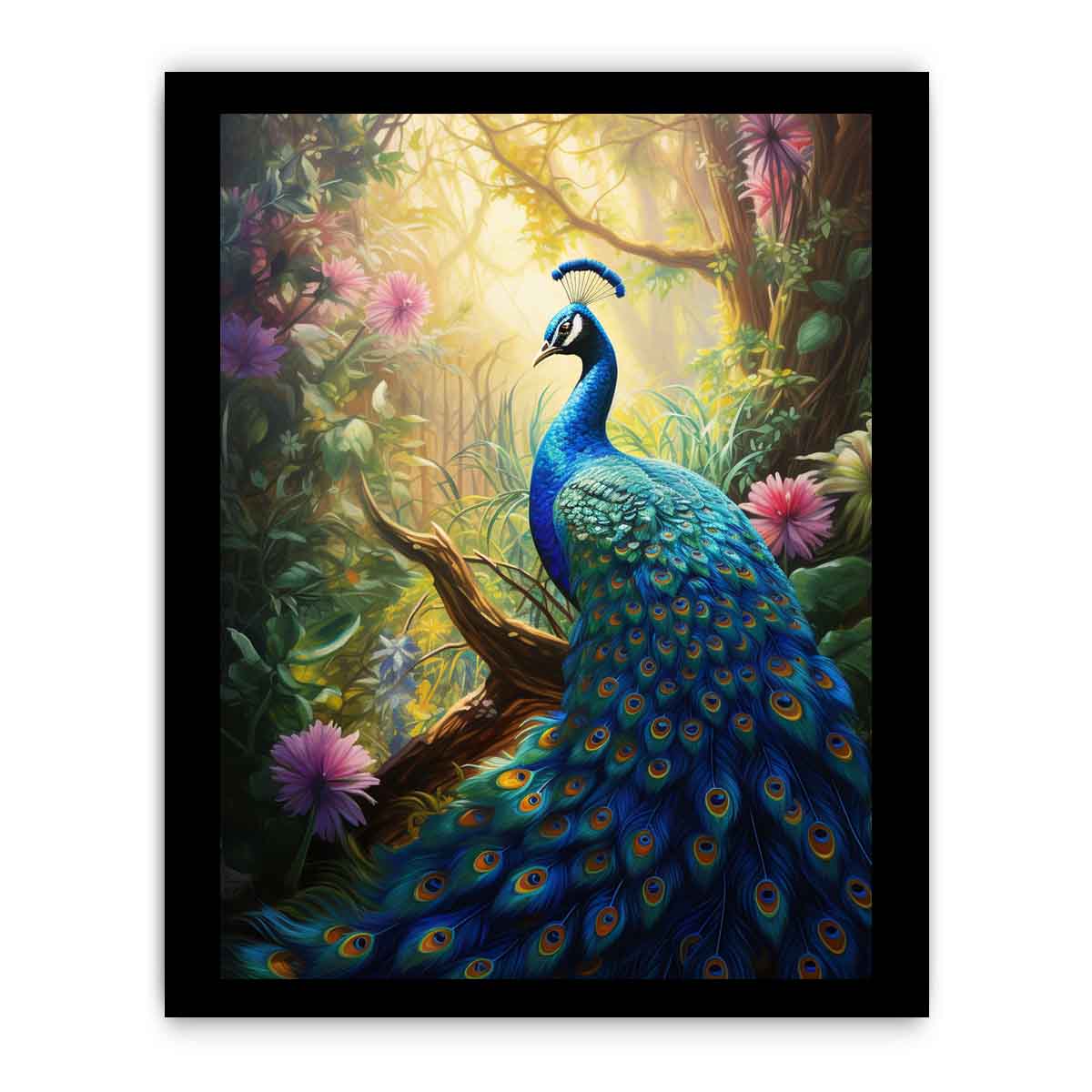 Sunlit blue peacock canvas art with lush flowers for vibrant living room decor.
