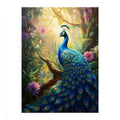 Sunlit blue peacock canvas art with lush flowers for vibrant living room decor.