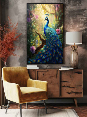 Sunlit blue peacock canvas art with lush flowers for vibrant living room decor.