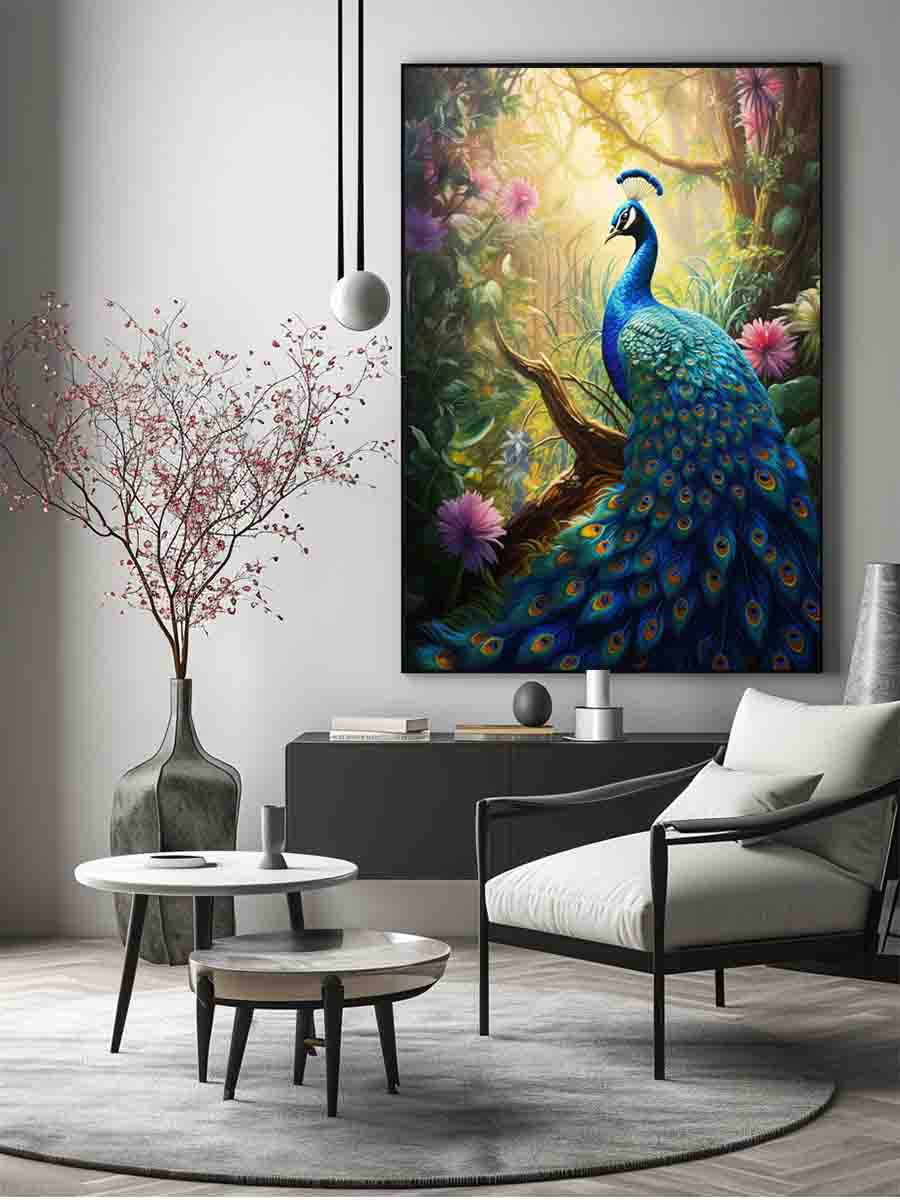 Sunlit blue peacock canvas art with lush flowers for vibrant living room decor.