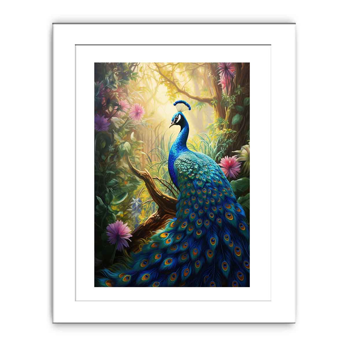 Sunlit blue peacock canvas art with lush flowers for vibrant living room decor.
