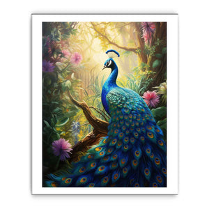Sunlit blue peacock canvas art with lush flowers for vibrant living room decor.