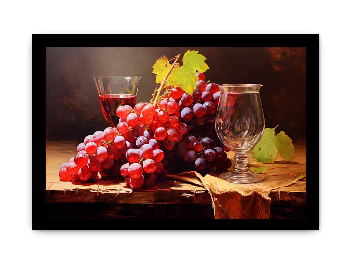 Vintage grape still life canvas art with glassware for dining room decor.