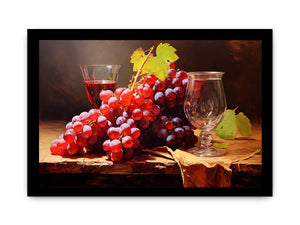 Vintage grape still life canvas art with glassware for dining room decor.