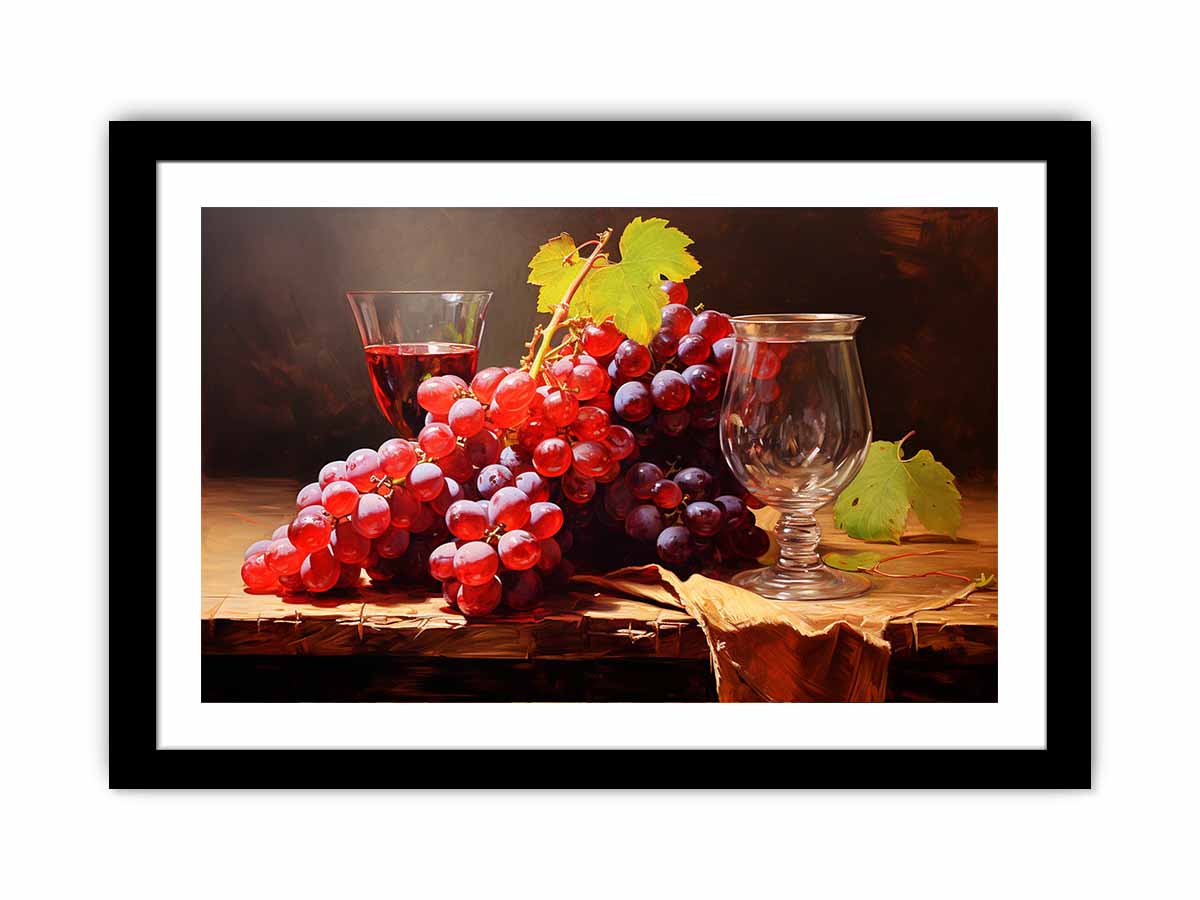 Vintage grape still life canvas art with glassware for dining room decor.