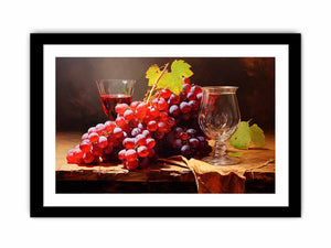 Vintage grape still life canvas art with glassware for dining room decor.