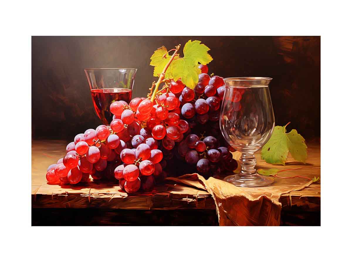 Vintage grape still life canvas art with glassware for dining room decor.
