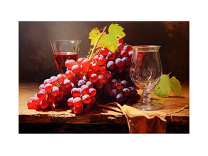 Vintage grape still life canvas art with glassware for dining room decor.